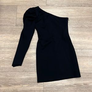 Amanda Uprichard black one shoulder puff sleeve black mini dress